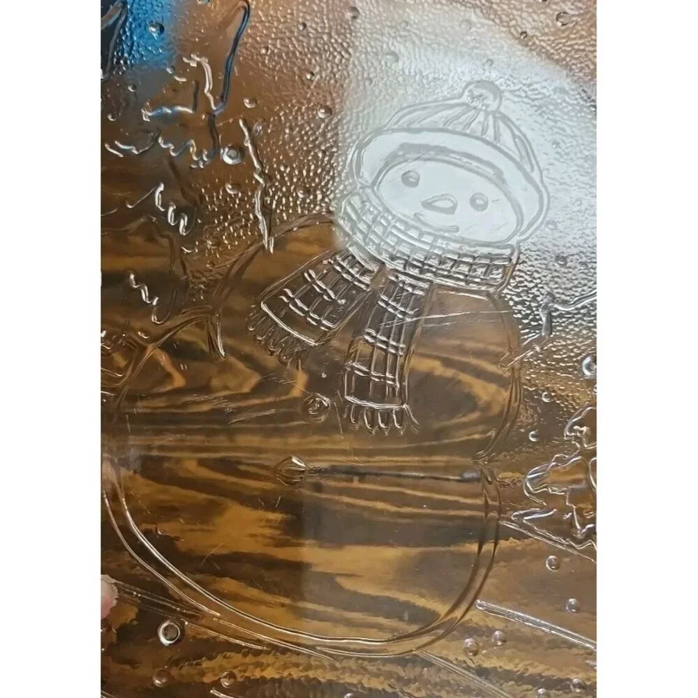 12.5 In Clear Glass Snowman w/Tree Scarf Christmas Dish/Tray/Serving Platter